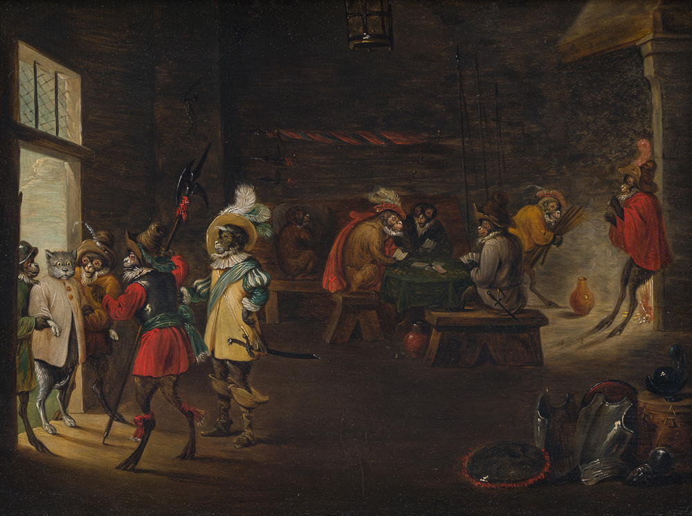 Abraham Teniers (1629-1670, attributed to): Monkeys in a guardroom interior, oil on panel