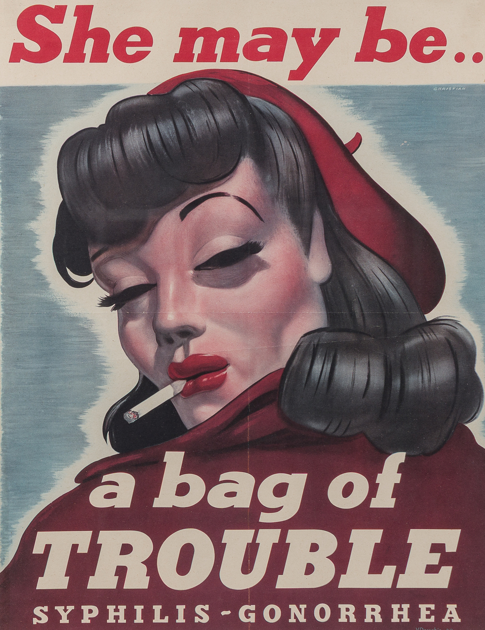 American school, Christain (?): 'She may be .. a bag of trouble', lithograph in colours, VD Graphic, dated (19)40
