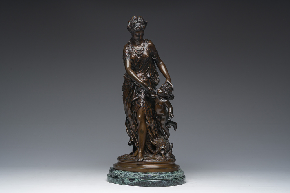 Jean-Louis Gr&eacute;goire (1840-1890): Het lessen van de dorst, bruingepatineerd brons op een vert de mer marmeren basis
