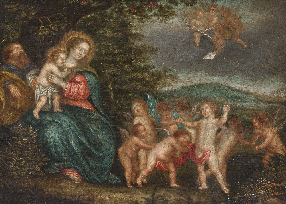 Vlaamse school, navolger van Pieter van Avont (1600-1652): Rust op de vlucht naar Egypte, olie op koper, 17de eeuw