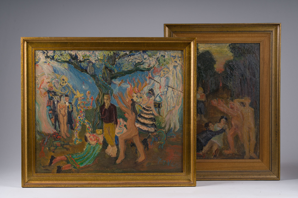 Roger Vercruysse (Rover, 1914-1980): Two animated scenes with nudes, oil on canvas and canvas marouflated on board