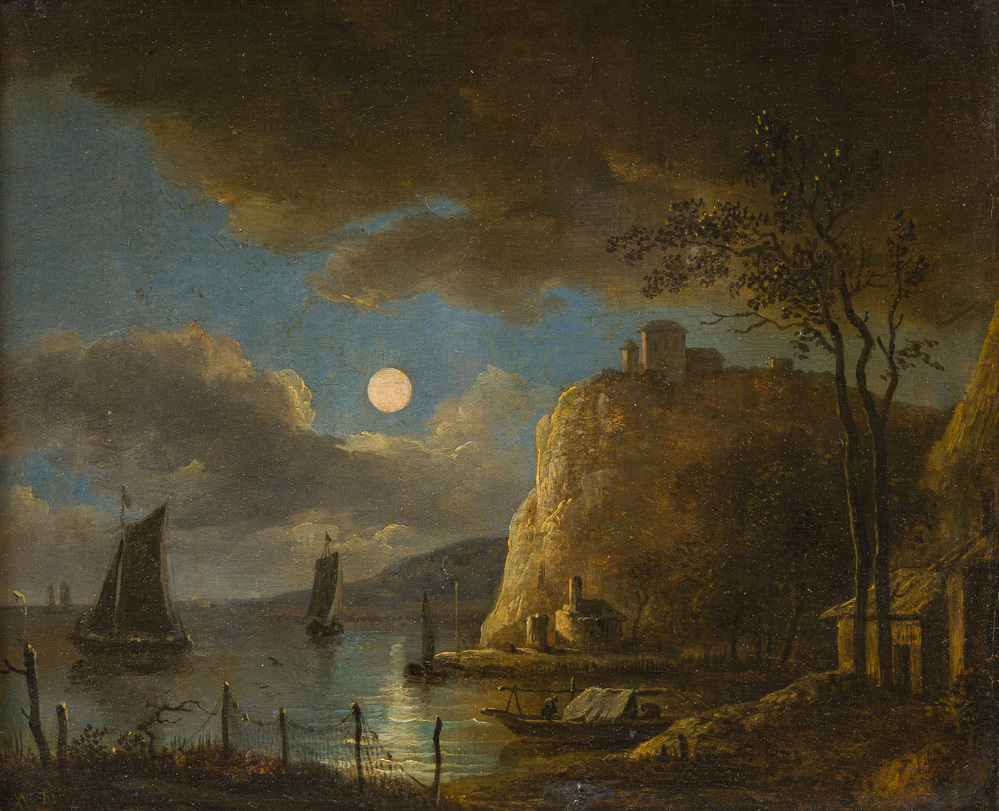 Dutch school, monogrammed AVDN, follower of Aert van der Neer (1603-1677): River landscape with boats by moonlight, oil on panel, ca. 1800