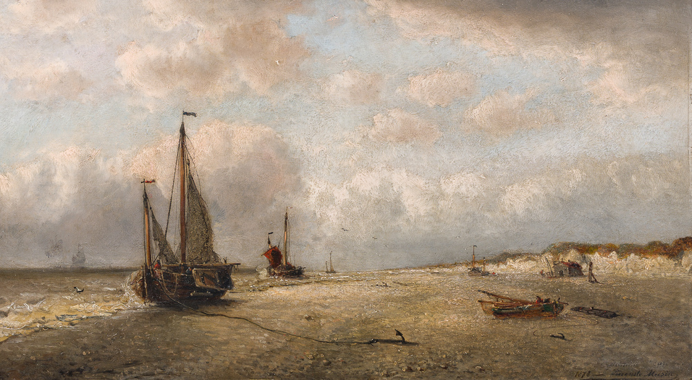 Auguste Musin (1852-1923, &agrave; la mani&egrave;re de): Voiliers amar&eacute;s, huile sur panneau, dat&eacute; 1878, 19&egrave;me si&egrave;cle