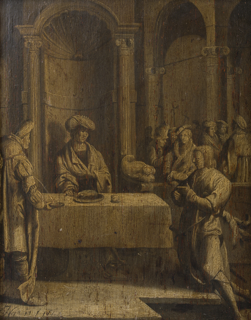 Vlaamse school, onleesbaar gesigneerd: Het brengen van de geschenken, olie op paneel, ca. 1600