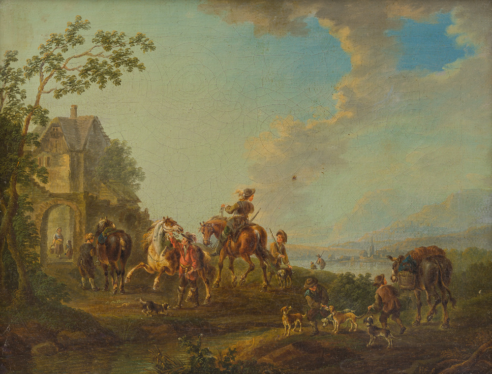 School van de Nederlanden, gemonogrammeerd H.E.: De aankomst van de ruiters bij de stadspoort, olie op doek, laat 18de eeuw