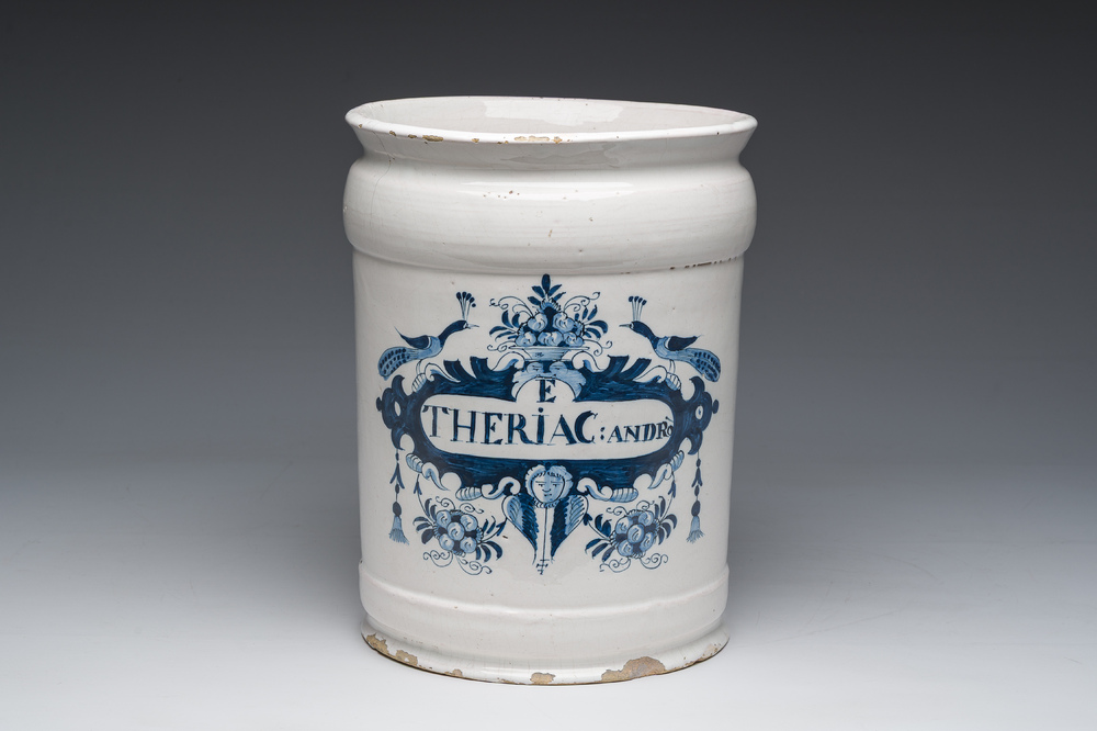 An exceptionally large Dutch Delft blue and white 'Theriac' pharmacy jar, 18th C.