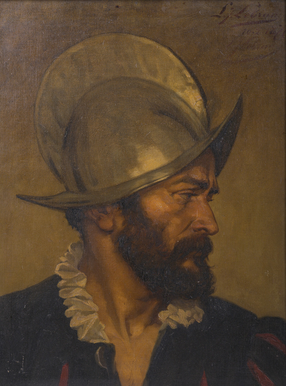 Louis Joseph Lebrun (1844-1900): Portret van een soldaat (conquistador) in profiel, olie op doek, gedateerd 1877