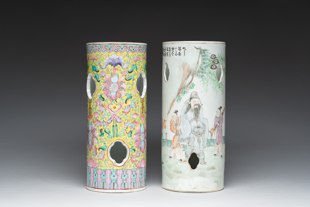 Two Chinese reticulated famille rose and qianjiang cai hat stands with figures in a landscape and floral design, 19th/20th c.