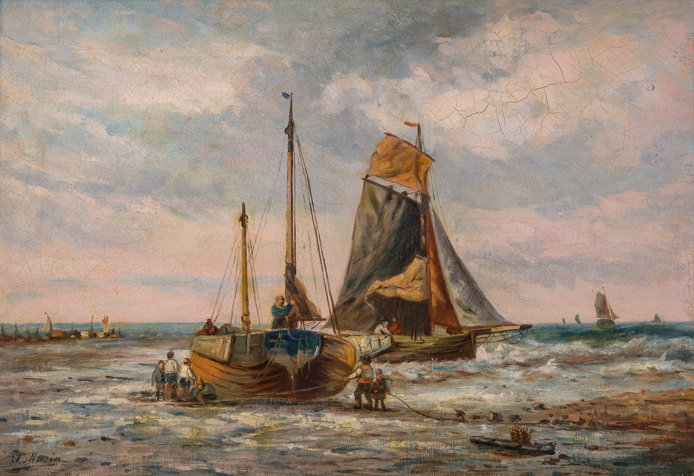 Auguste Musin (1852-1923, in de stijl van): Zeilschepen op zee, olie op doek, 19de/20ste eeuw