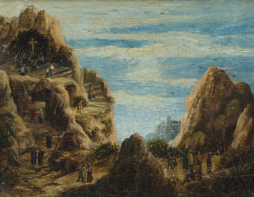 French school: Golgotha, oil on panel, early 19th C.