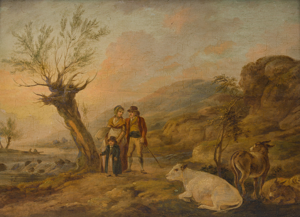 Peter Le Cave (1769-1811): The shepherd&rsquo;s family and their flock, oil on panel, dated 1800