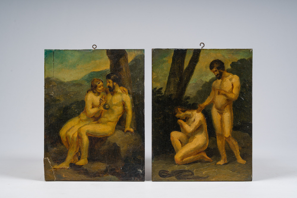 French school, in the manner of Jean Jacques Henner (1829-1905): Adam and Eve in the Garden of Eden, oil on panel, 19th/20th C.
