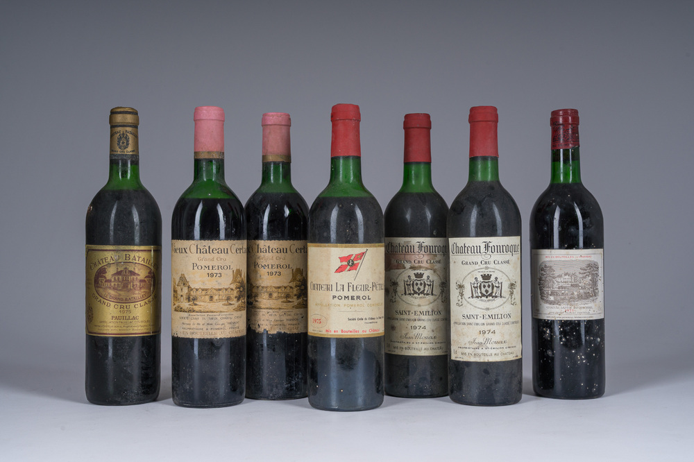 1973-1975 Vieux Ch&acirc;teau Certan, Ch&acirc;teau Fonroque, Ch&acirc;teau La Fleur-Petrus, Ch&acirc;teau Lafite Rothschild, etc., 7 flessen