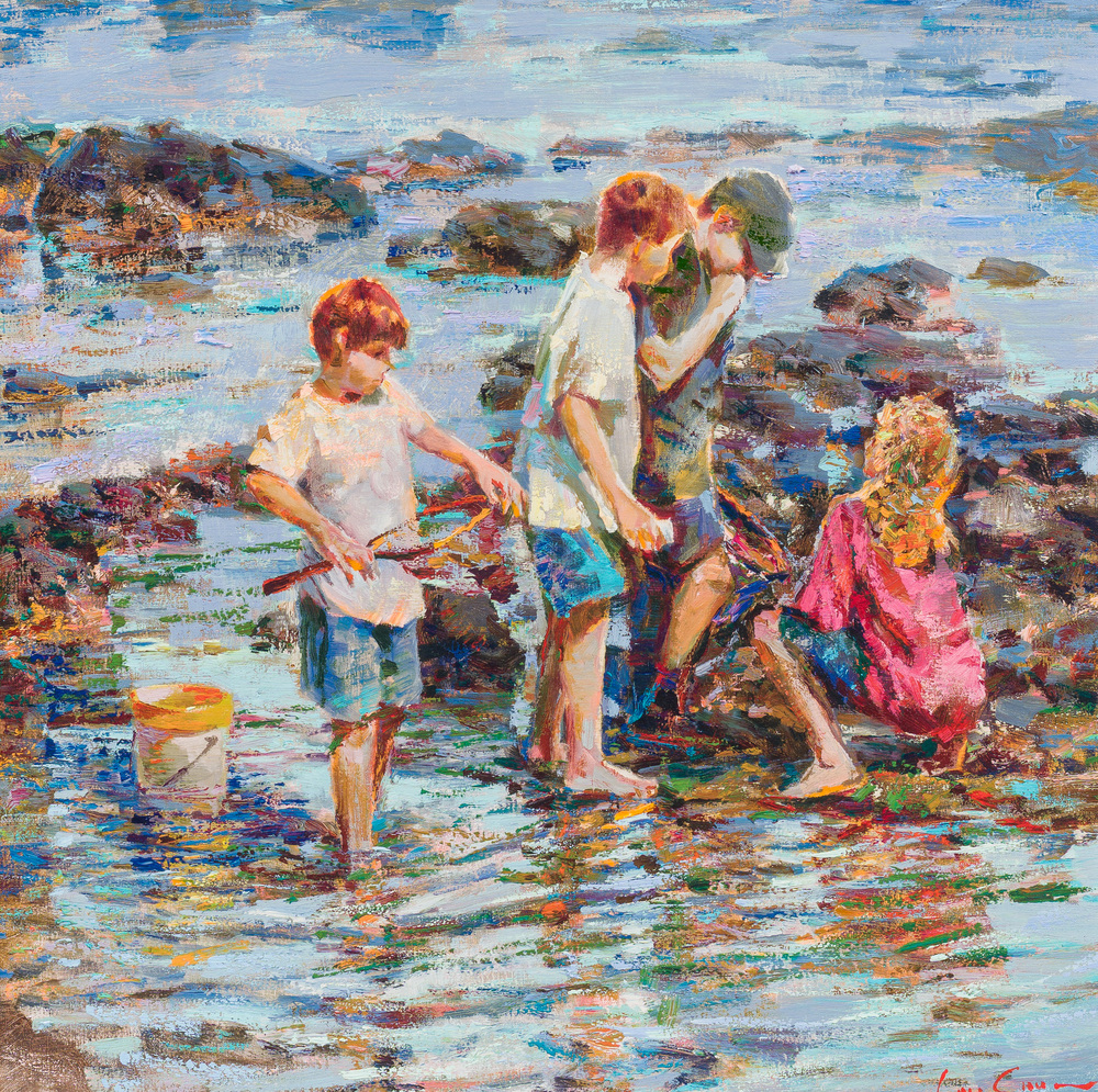 Lau Chun (1942): De kleine vissers op het strand, olie op doek