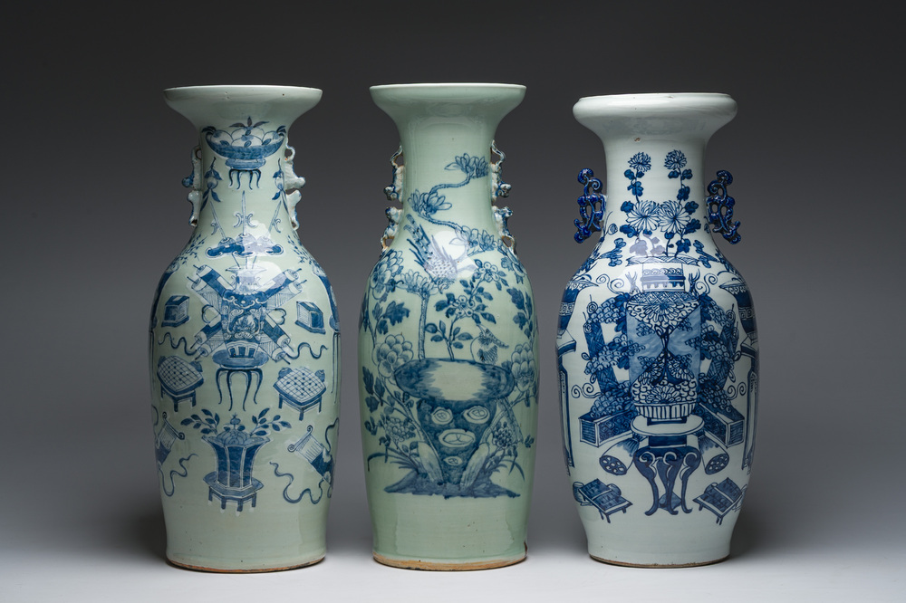 Three Chinese blue and white celadon ground vases with antiquities and birds among blossoming branches, 19th/20th C.