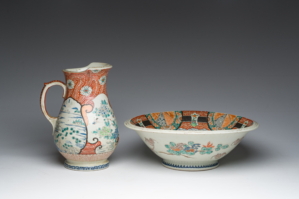 A Japanese Kutani pitcher and matching washbasin with floral design and landscapes, Meiji, 19th C.