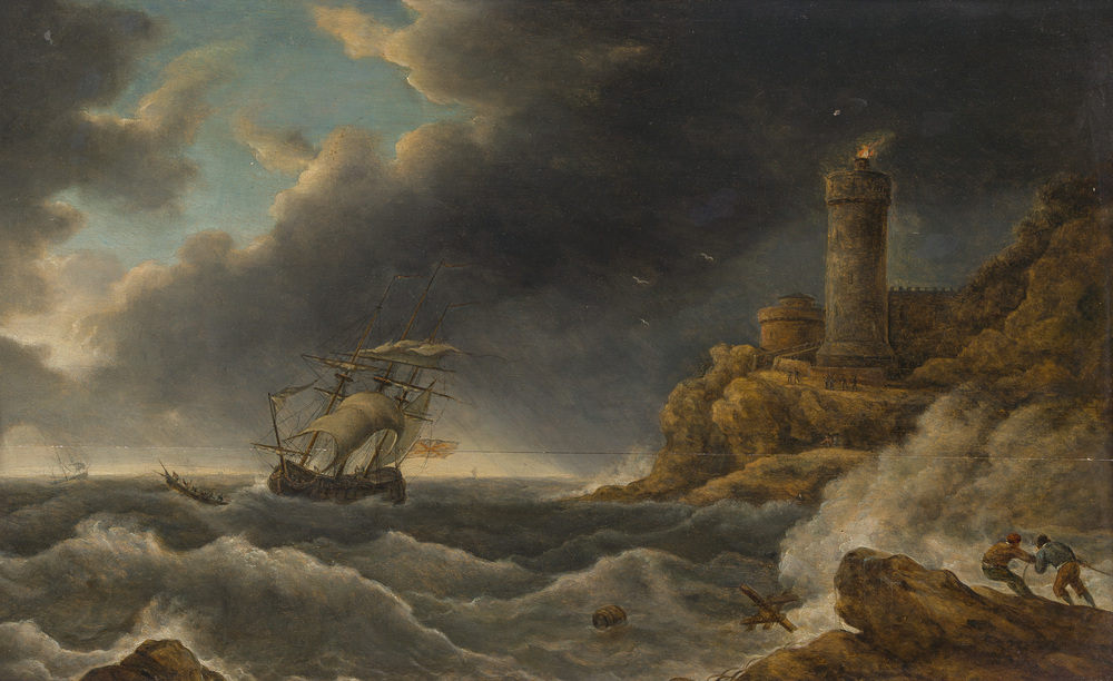 Francis Danby (1793&ndash;1861, in the manner of, follower of Claude Joseph Vernet (1714-1789): Sailing ships at sea during a storm, oil on panel