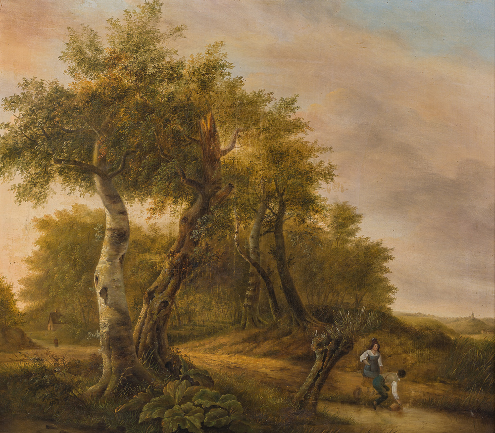 Pierre Jean Hellemans (1787-1845, attribu&eacute; &agrave;): Paysage anim&eacute; avec un couple au bord d'un &eacute;tang, huile sur toile, 19&egrave;me si&egrave;cle