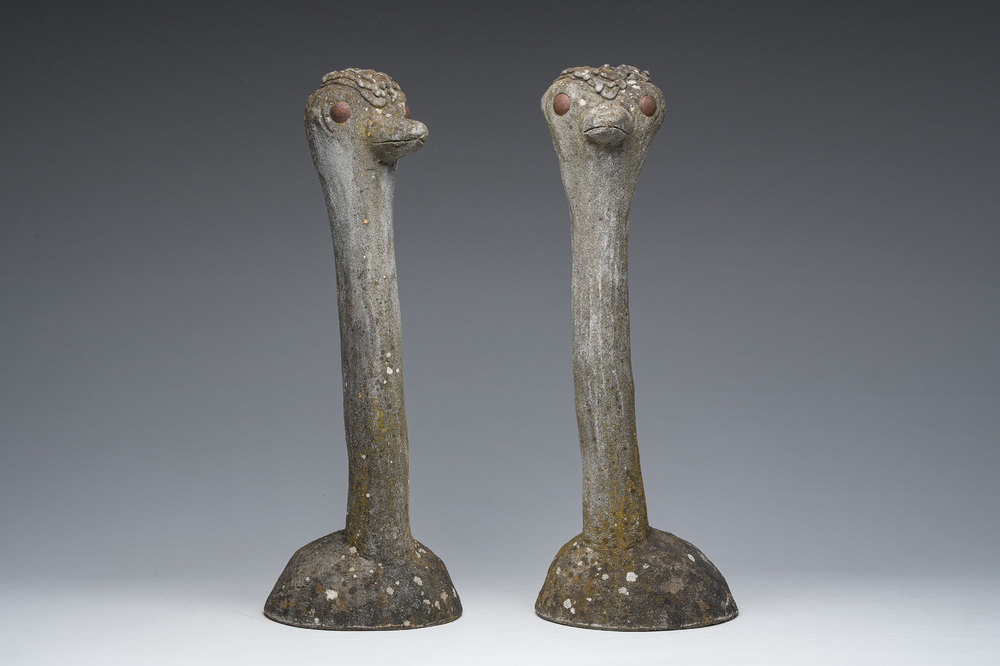 A pair of decorative stone 'ostrich' garden statues, 20th C.
