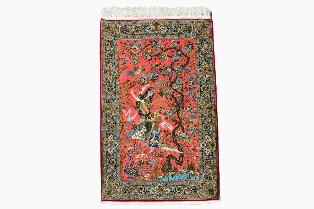 A Persian Qom (Qum/Ghom) 'Layla and Majnun' rug, wool, cotton and silk, 20th C.
