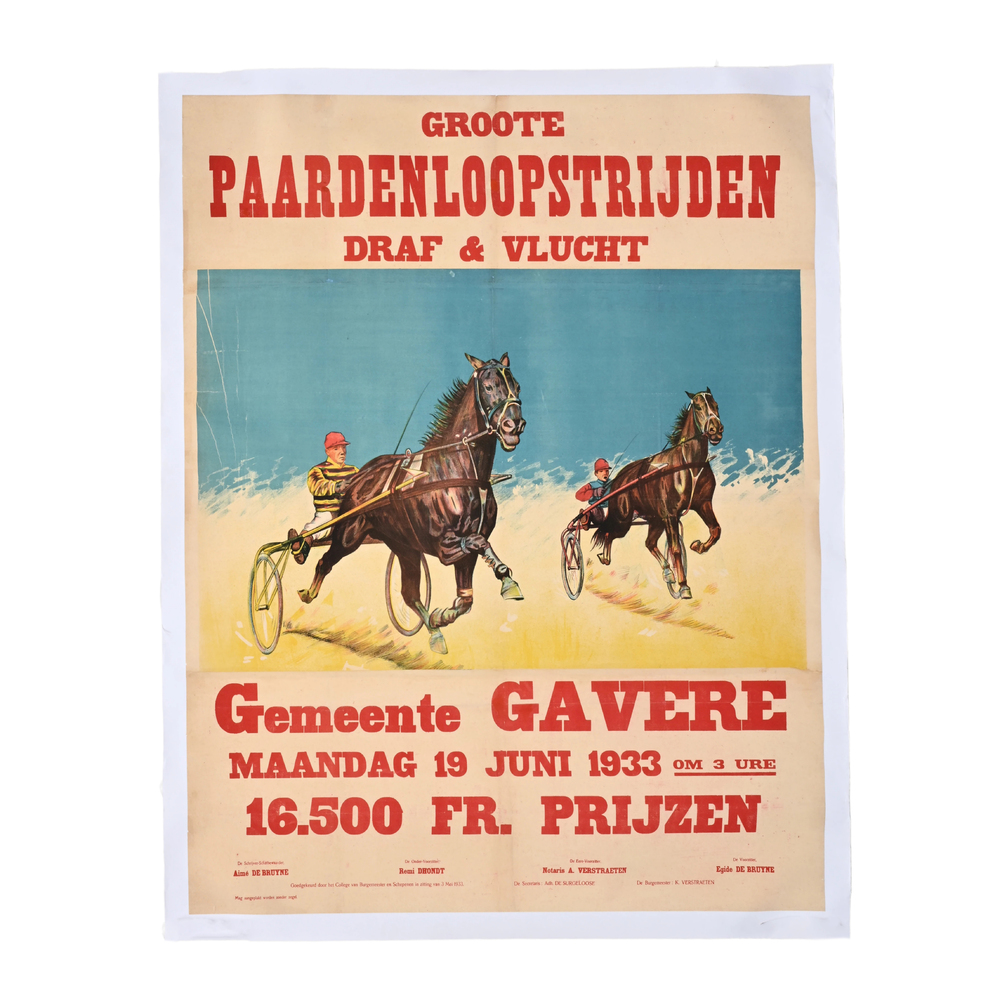 Poster 'Groote paardenloopstrijden draf &amp; vlucht', municipality of Gavere, dated 1933