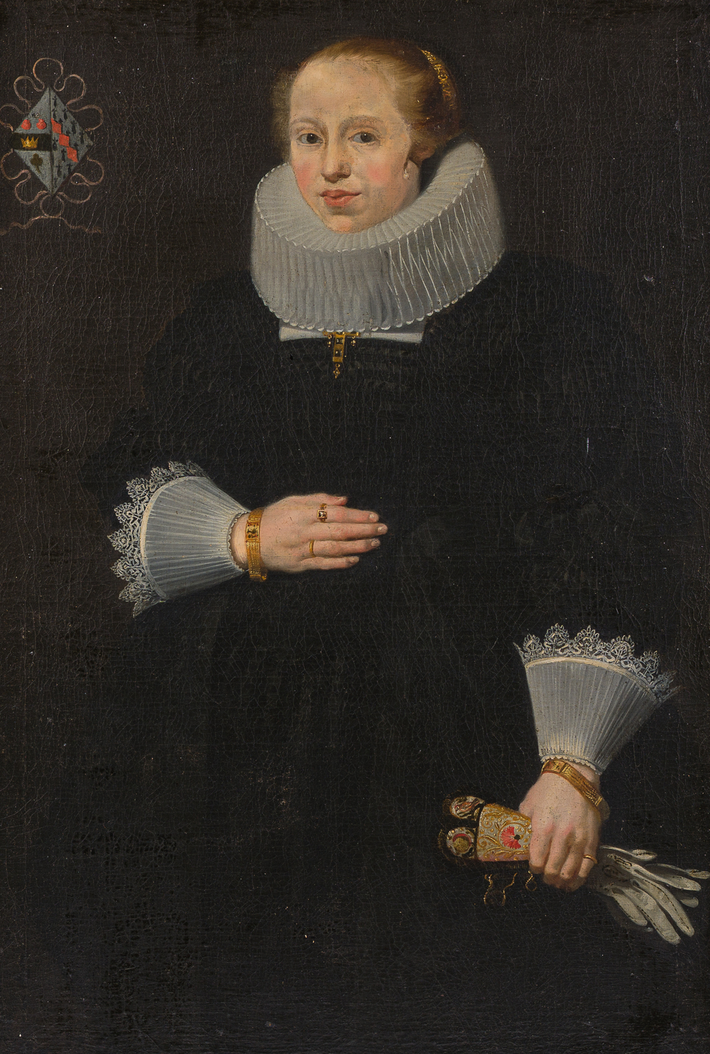 Flemish school: Portrait of Marie Elias de Dixmude, wife of Laurent Thibault, oil on canvas marouflated on board, 17th C.