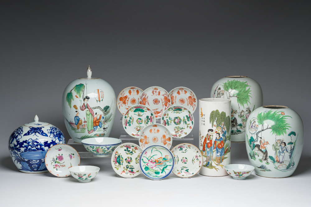 A varied collection of Chinese famille rose, qianjiang cai and blue and white porcelain, Qianlong and later