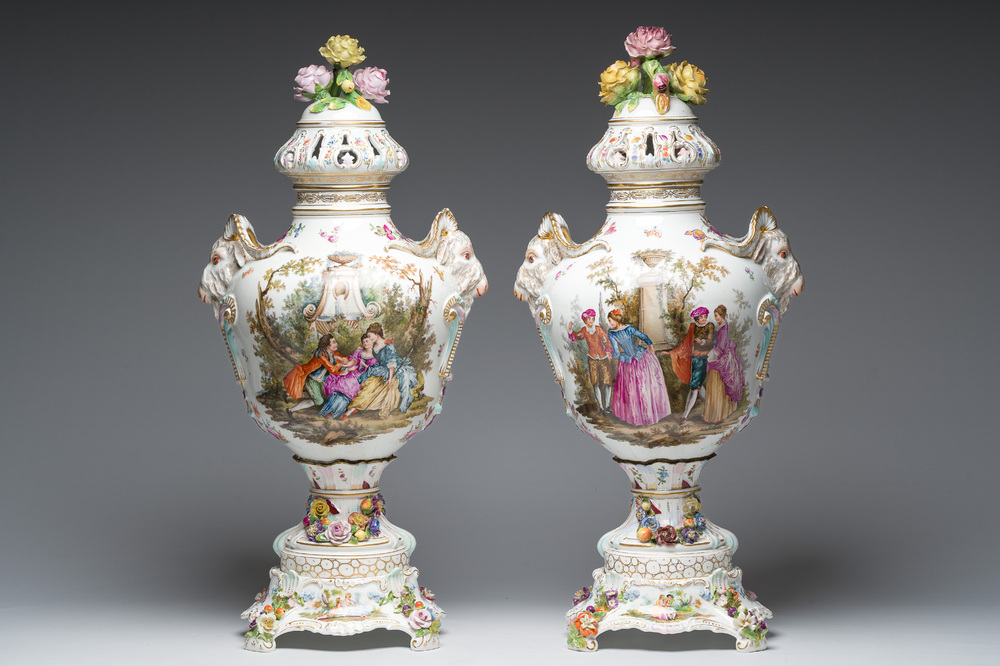 A pair of large vases and covers in polychrome decorated Saxon porcelain with gallant scenes, Potschappel, Carl Thieme, Dresden, late 19th C.