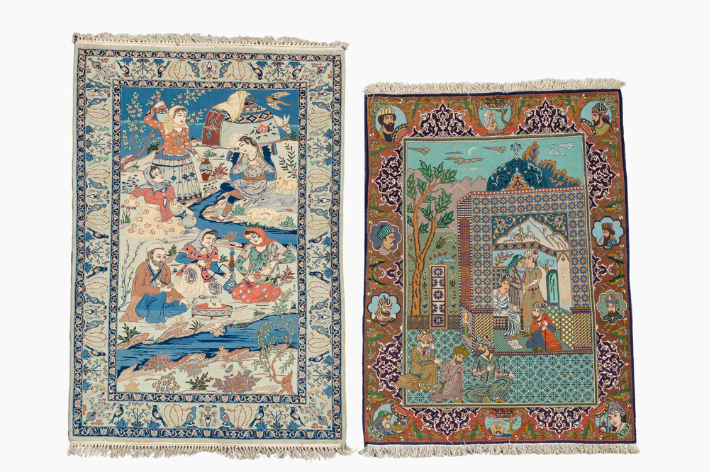 Two Persian rugs with narrative design, Tabriz and Isfahan, wool on cotton, 20th C.