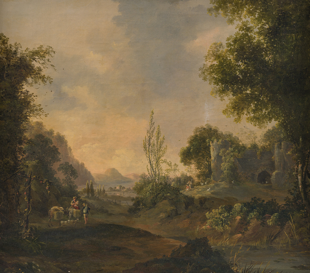 &Eacute;cole fran&ccedil;aise: Paysage anim&eacute; &agrave; l'italienne avec ruines de ch&acirc;teau, huile sur toile, 19&egrave;me si&egrave;cle