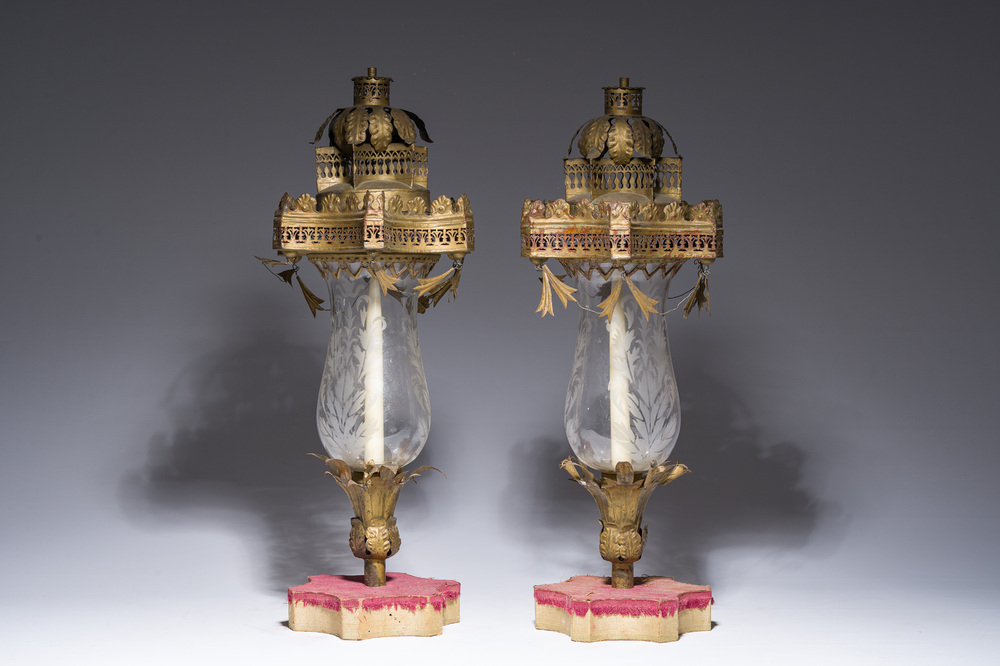 A pair of brass and etched glass photo lamps or lanterns, 18th C. and later