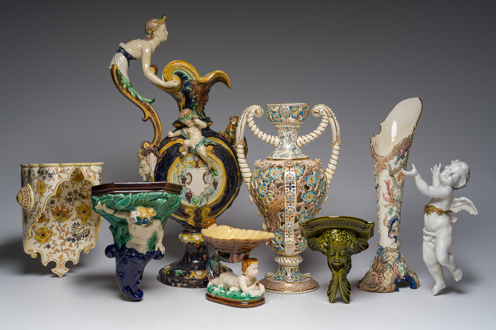 A varied collection of European ceramics in maiolica, porcelain and biscuit, various origins, 19th/20th C.