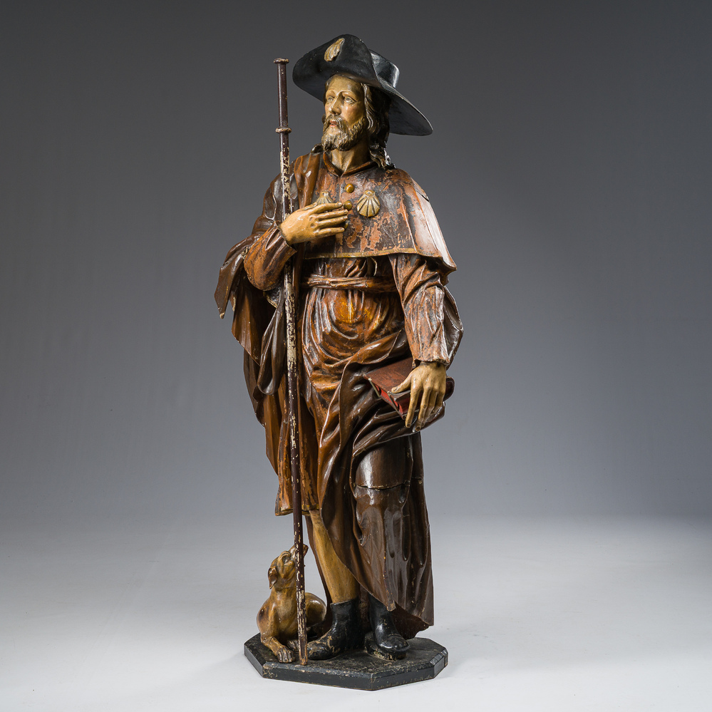 A Spanish carved and polychrome decorated wooden 'Saint Roch and his dog' group, 17th/18th C.