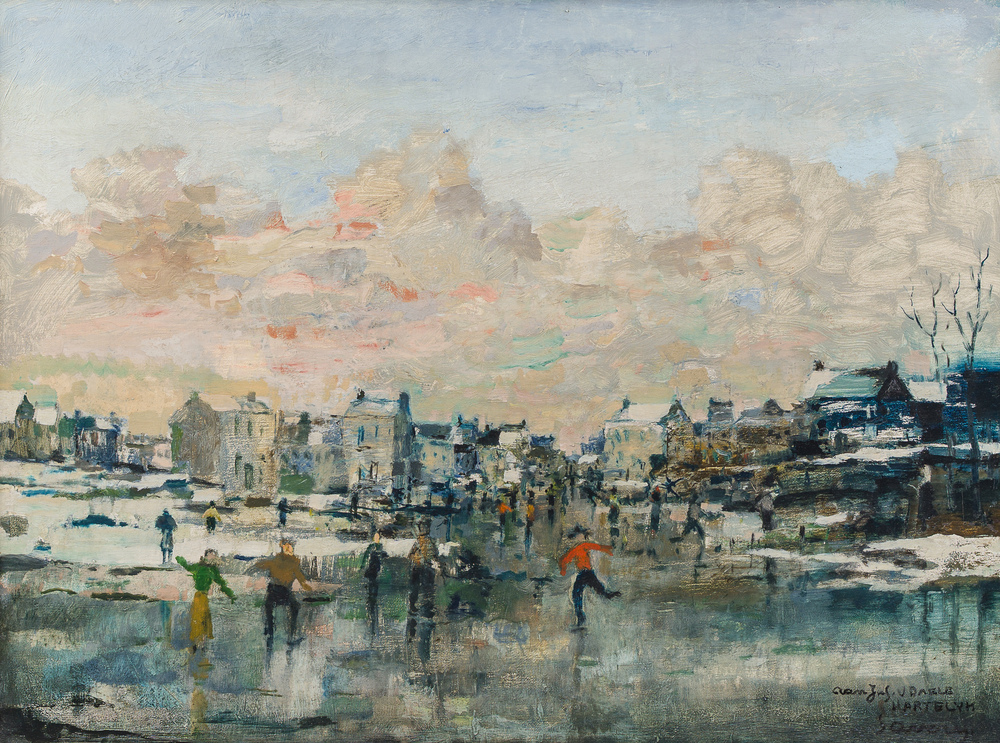 Albert Saverys (1886-1964): Winter landscape with skaters, oil on canvas