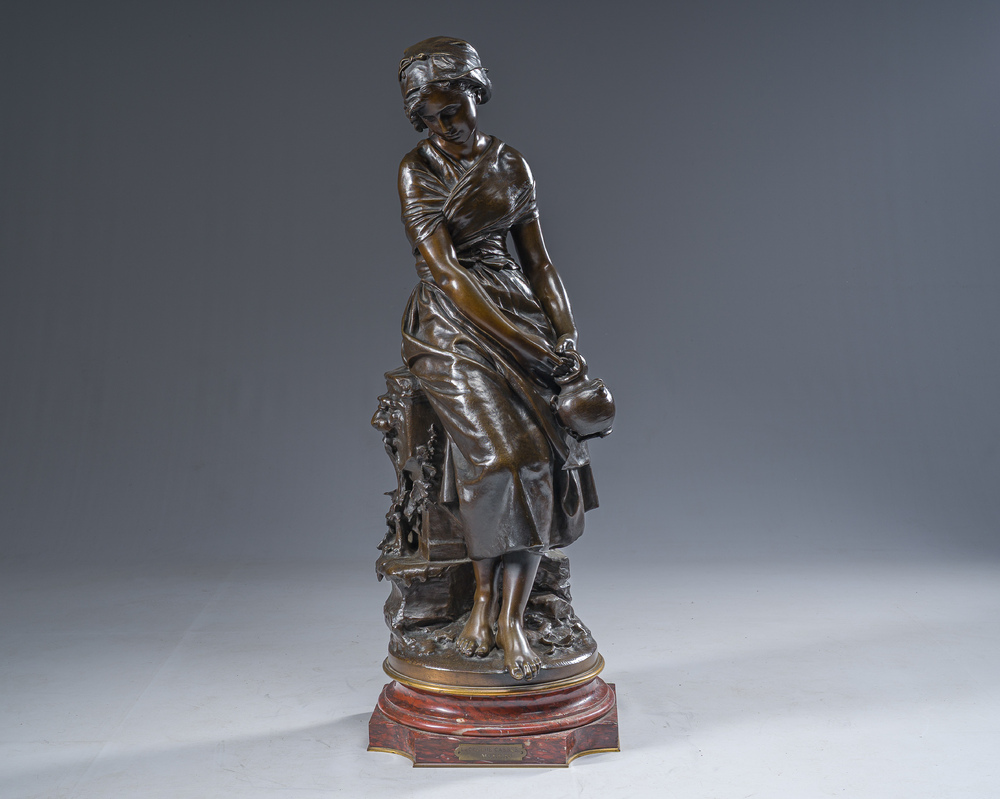 Mathurin Moreau (1822-1912): Girl sitting on a rock with a jug in her hand, brown patinated bronze on a red marble base