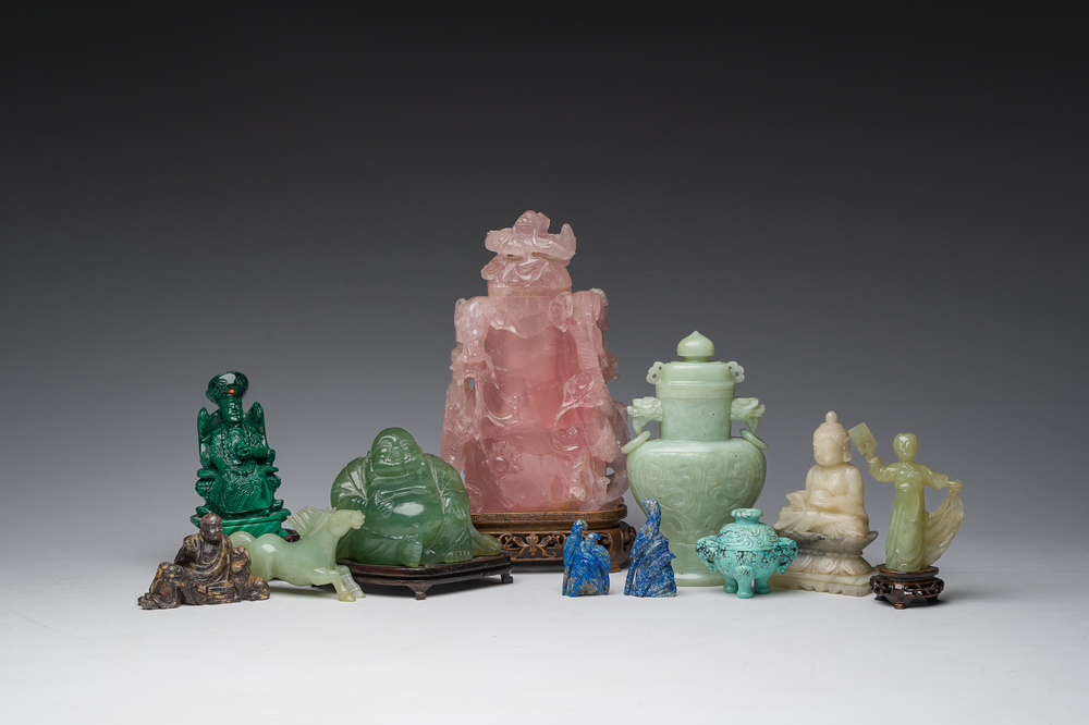 Eleven Chinese hardstone sculptures, a.o. jade, quartz, turquoise, malachite and lapis lazuli, 19th/20th C.