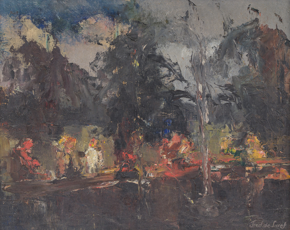 Fr&eacute;d&eacute;ric de Smet (1876-1948): 'Le jet d'eau (au jardin)', oil on painter's board