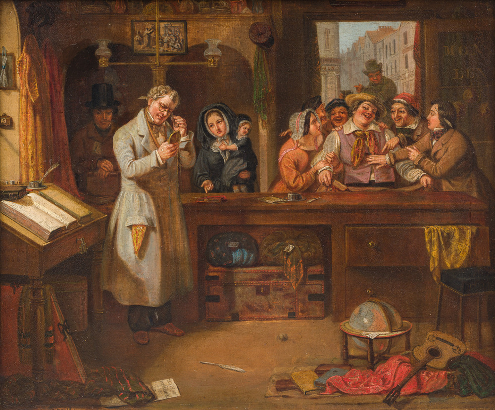 William Powell Frith (1819-1909, attribu&eacute; &agrave;): Le mont-de-pi&eacute;t&eacute;, huile sur toile, 19&egrave;me si&egrave;cle