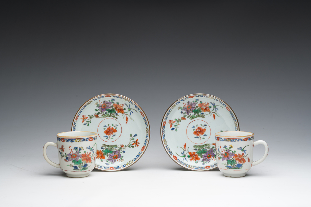 Two Chinese famille verte cups and saucers with floral design, Qianlong