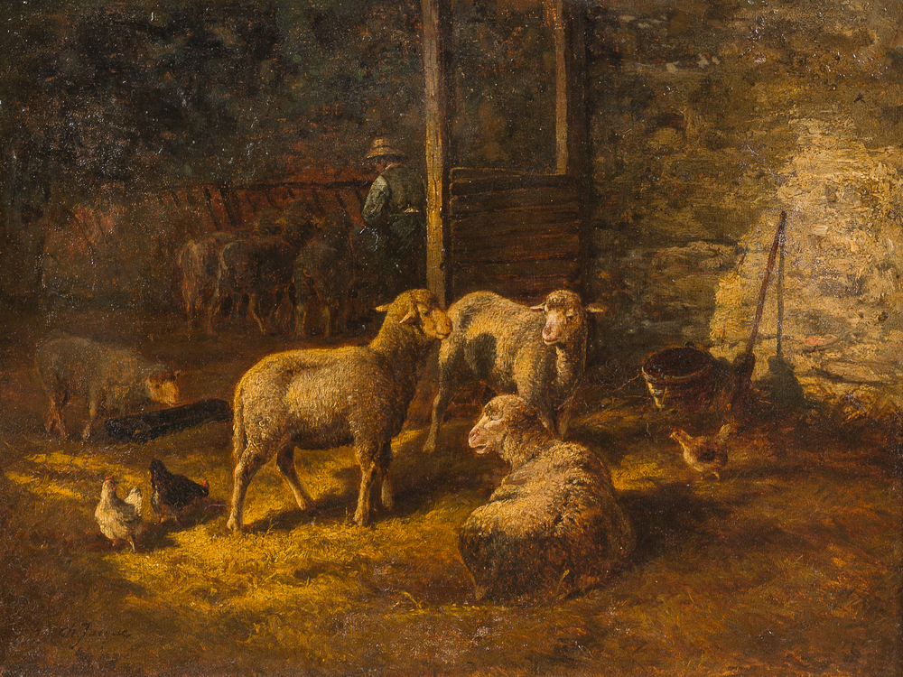 Charles Jacques (1879&ndash;1959): Sheep resting in a barn, oil on canvas