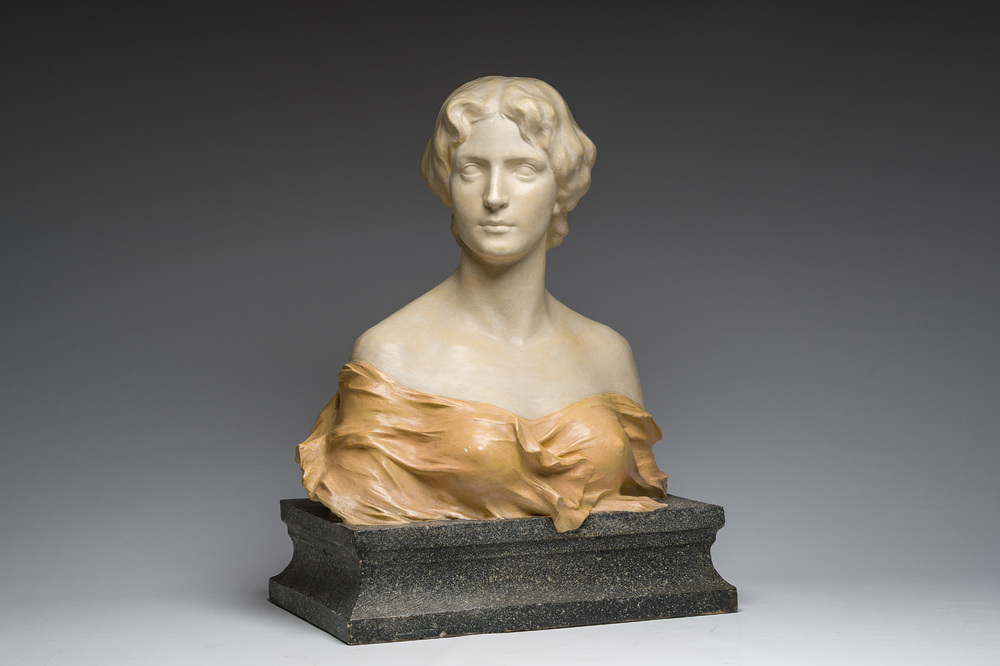 Charles Van De Waele (19th/20th C): Bust of a lady on a pedestal, polychrome decorated plaster, dated 1909
