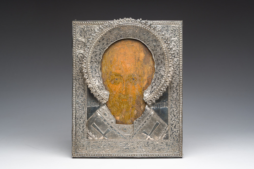 A Russian orthodox 'Saint Nicholas' icon with a silver oklad or riza, Yaroslavl, 18th C.