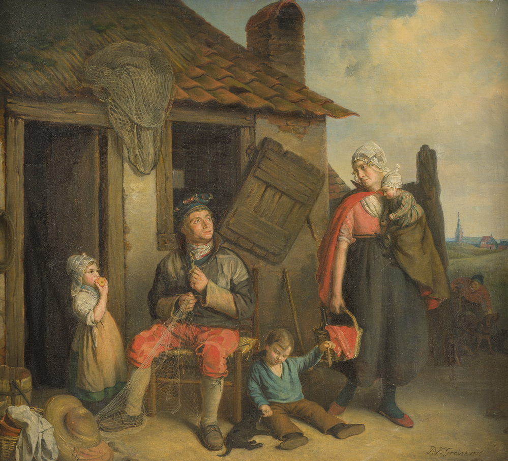 Petrus Franciscus Greive (1811&ndash;1872): The fisherman&rsquo;s family in front of their home, oil on canvas, dated 1856