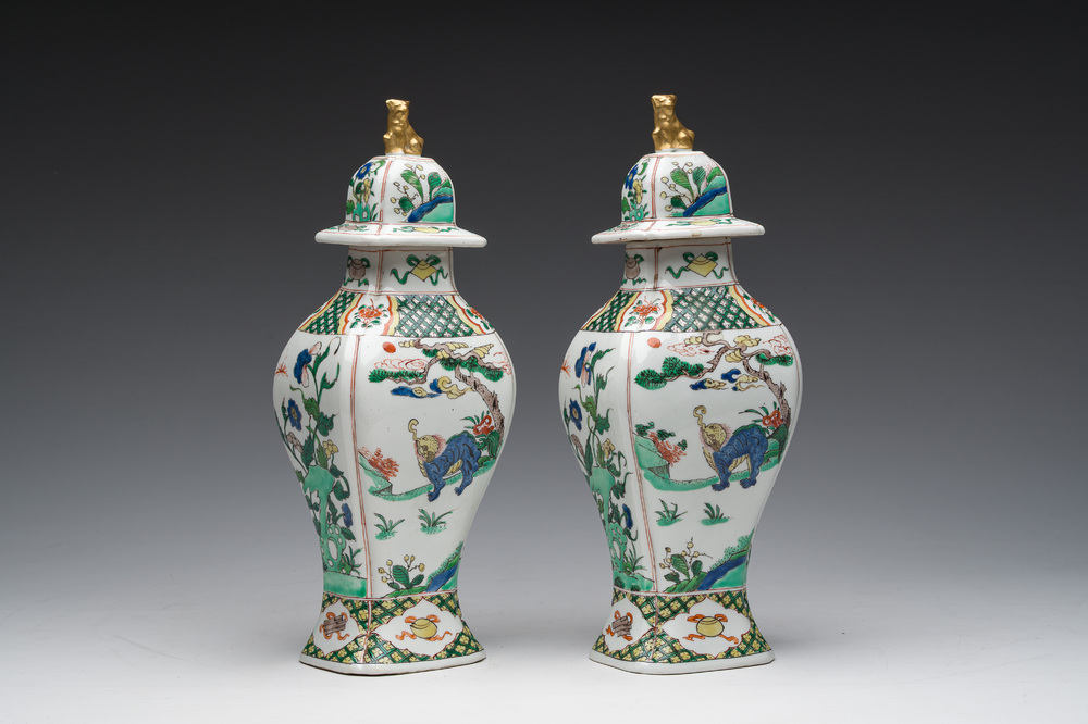 A pair of French Samson famille verte style 'mythical animals' vases and covers, Paris, 19th C.