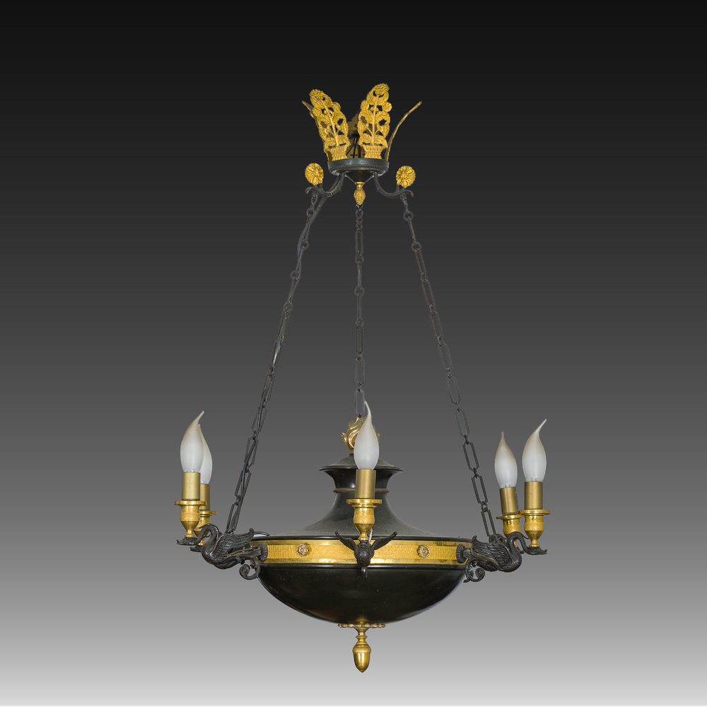 A French Empire style six-light patinated sheet metal and gilt bronze chandelier with swan design, 19th/20th C.
