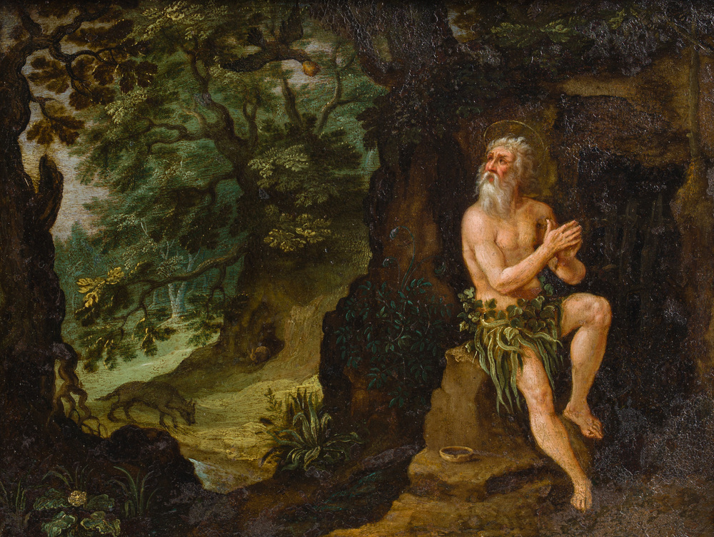 Flemish school, follower of Maerten De Vos (1532-1603): Saint Paul the hermit in the wilderness, oil on copper, 17th C.