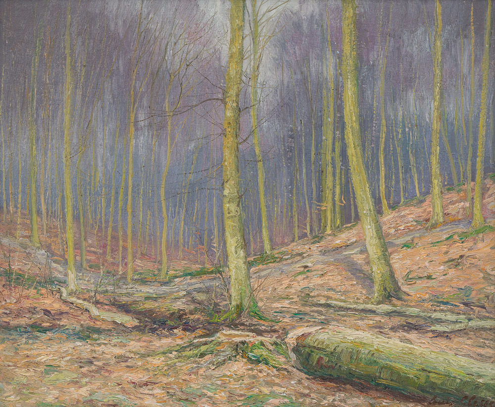 Louis Clesse (1889-1961): 'Automne en for&ecirc;t', oil on board