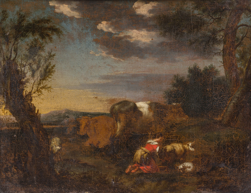 Dutch school: A shepherdess and her flock in a landscape, oil on canvas, ca. 1700