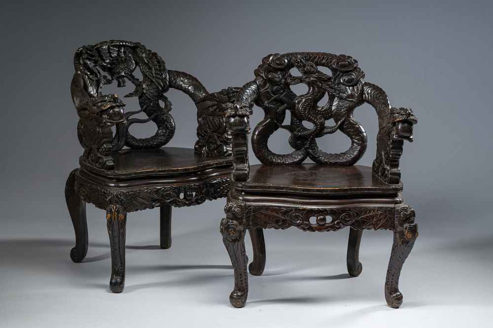 A pair of Japanese carved wooden 'dragon' chairs, Meiji, 19th/20th C.