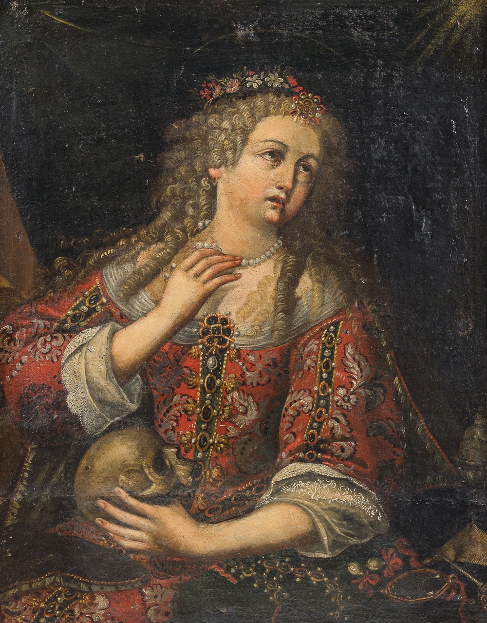 European school: Mary Magdalene in ecstasy, oil on canvas marouflated on board, 17th C.